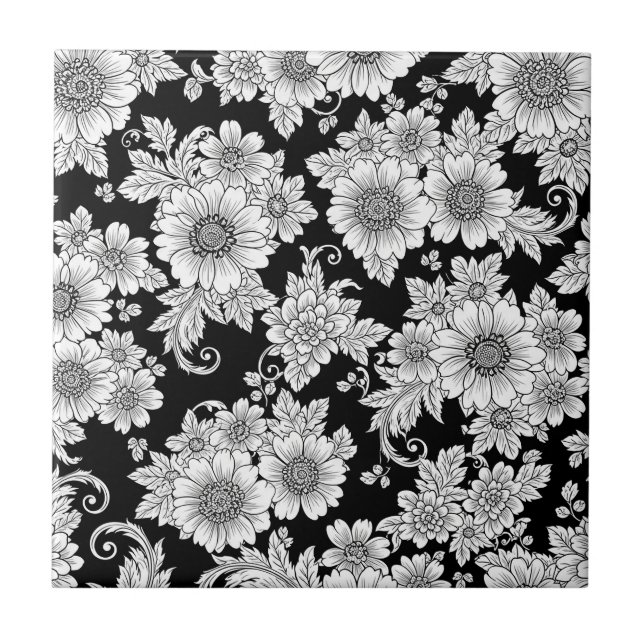 Schickes monochromes Blumenluxusmuster (2) Fliese (Vorderseite)
