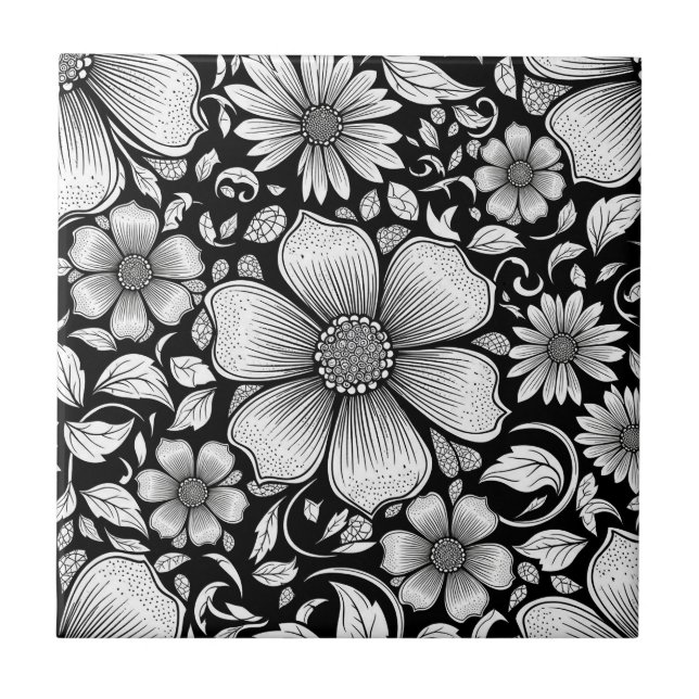 Schickes monochromes Blumenluxusmuster (6) Fliese (Vorderseite)