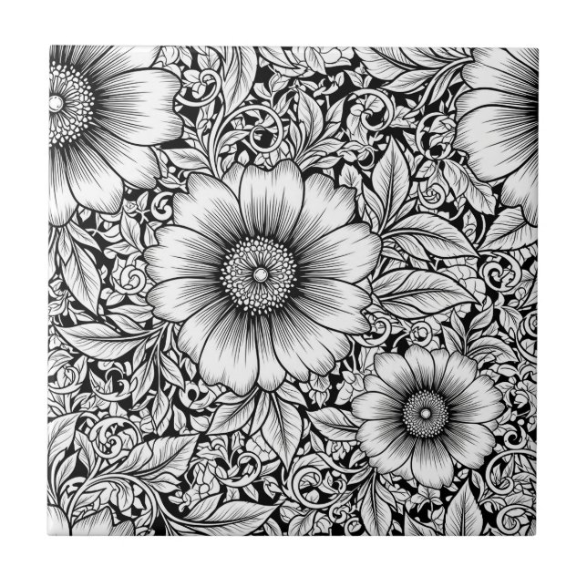 Schickes monochromes Blumenluxusmuster (7) Fliese (Vorderseite)