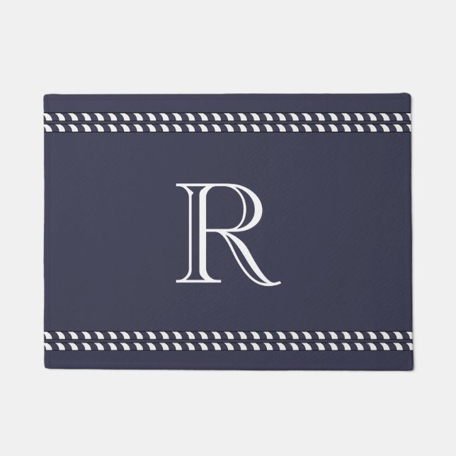 SCHICKES MONOGRAMM DER TÜR-MAT_WHITE AUF MARINE FUßMATTE (Vorderseite)