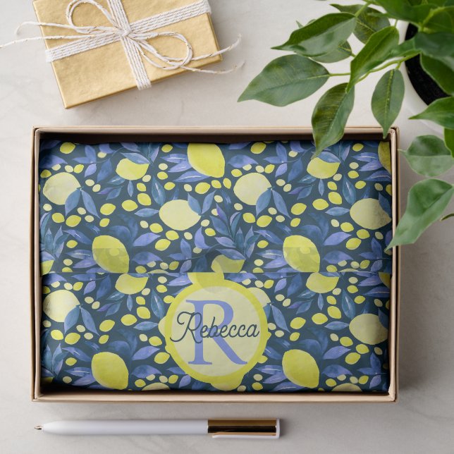 Schickes Monogramm Name Rustikal Zitrus Lemons Bla Seidenpapier (Geschenk)