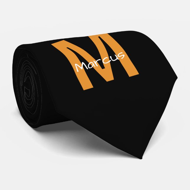 Schickes monogrammiertes Schwarz Orange Krawatte (Gerollt)