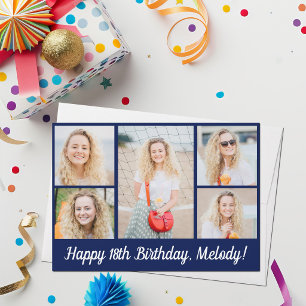 Schickes Navy Blau Happy Birthday Foto Collage Karte