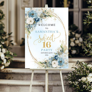 Schickes Pastell Blau Greenery Sweet 16 Willkommen Poster