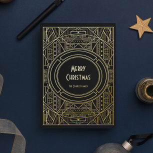 Schickes Retro-Art Deco Frohe Weihnachten Schwarz  Folien Feiertagskarte