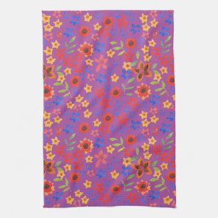 Schickes Retro-Blumenmuster auf Magenta-Küchenhand Handtuch