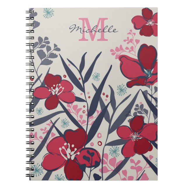 Schickes rotes und rosa florales Monogramm Notizblock (Vorderseite)