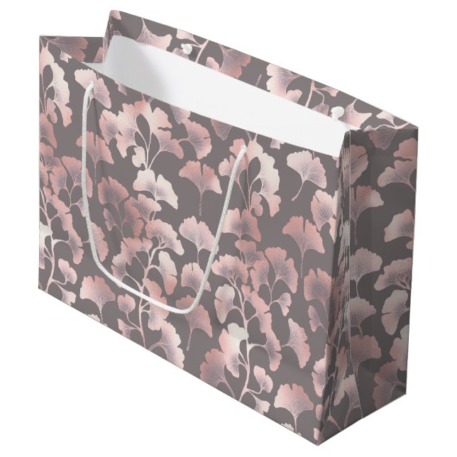 Schickes Schwarz-Rosa-Ginkgo-Muster Große Geschenktüte (Vorderseite Schrägansicht)