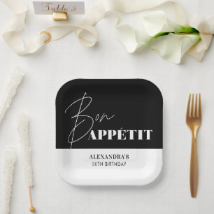 Schickes Schwarz-Weiß Bon Appétit Geburtstag Pappteller
