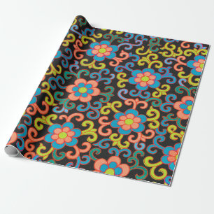 Schickes schwarzes Muster mit farbenfrohen Blumen Geschenkpapier