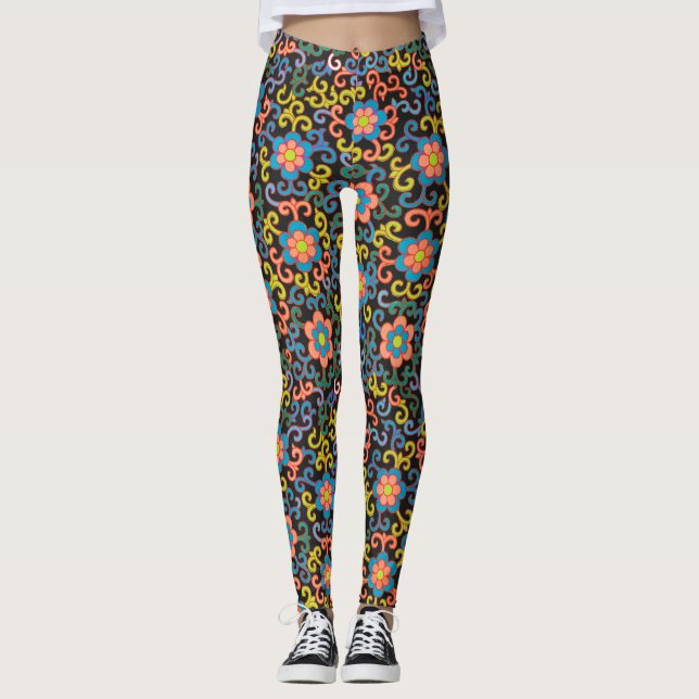Schickes schwarzes Muster mit farbenfrohen Blumen  Leggings (Vorderseite)