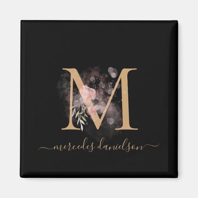 Schickes schwarzes und goldenes Schrift Blumenmono Magnet (Vorne)