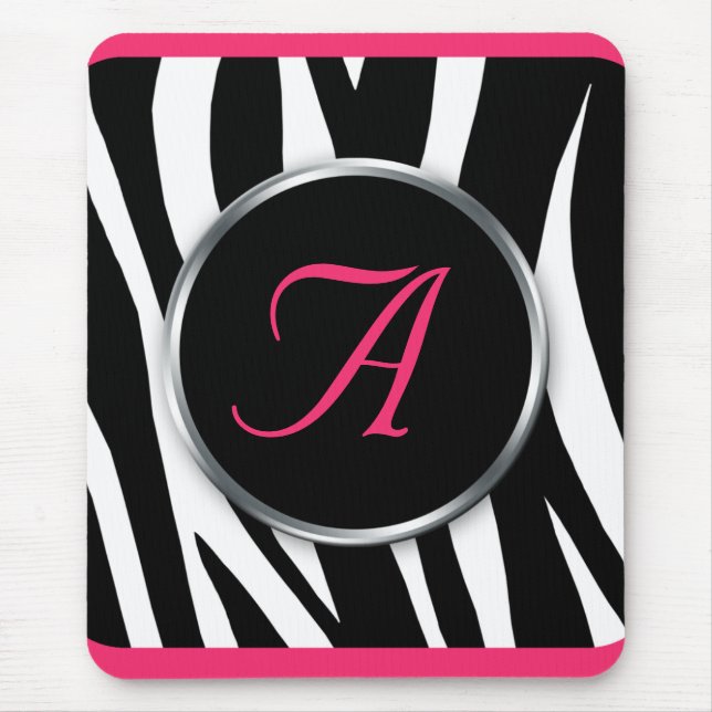 Schickes Zebra-Druck-Beeren-Rosa-Monogramm Mousepad (Vorne)