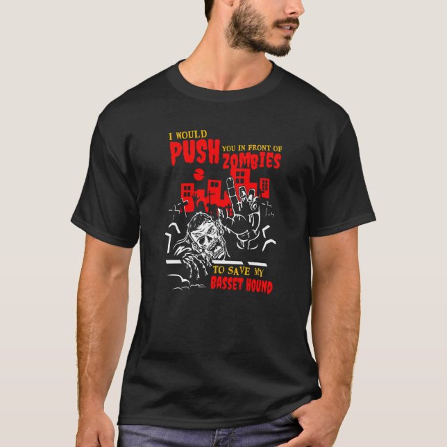 Schieben Sie sich in Zombies, um Basset Hound Funn T-Shirt (Vorderseite)