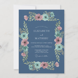 Schiefer Aqua Rosa Florale Hochzeit Einladung