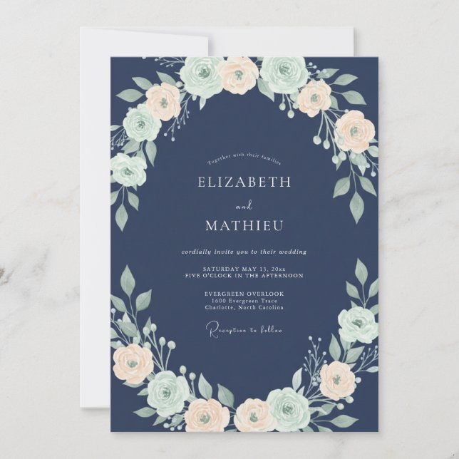Schiefer-Mint-Blüten-Hochzeit Einladung (Vorderseite)