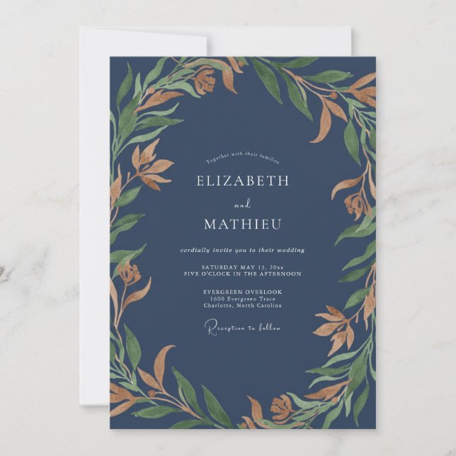 Schiefer-Ocker-Laub-Eukalyptus-Hochzeit Einladung (Vorderseite)