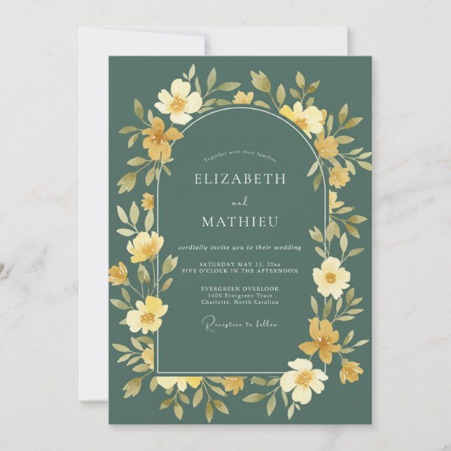 Schiefer-Ocker-Wildblumen-Hochzeit Einladung (Vorderseite)