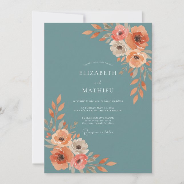 Schiefer-Türkis-Mohn-Hochzeit Einladung (Vorderseite)