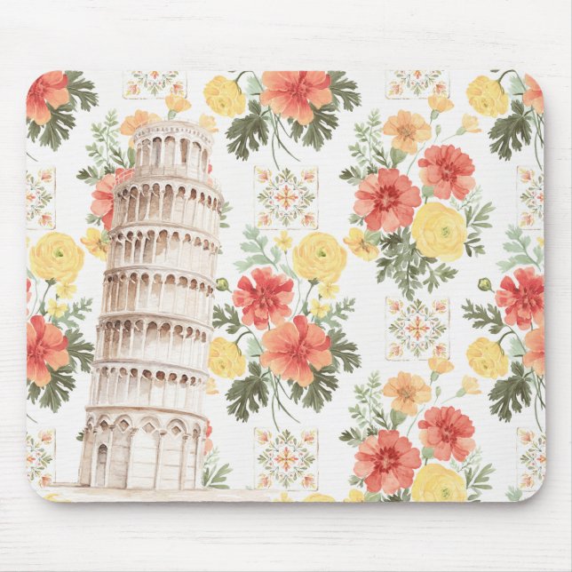 Schiefer Turm Gelbe Orangefarbene Blumen Mousepad (Vorne)