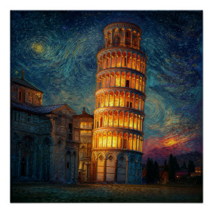 Schiefer Turm von Pisa bei Nacht Poster