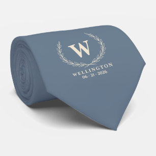 Schieferblau Elfenbein Lorbeer Monogramm Hochzeits Krawatte