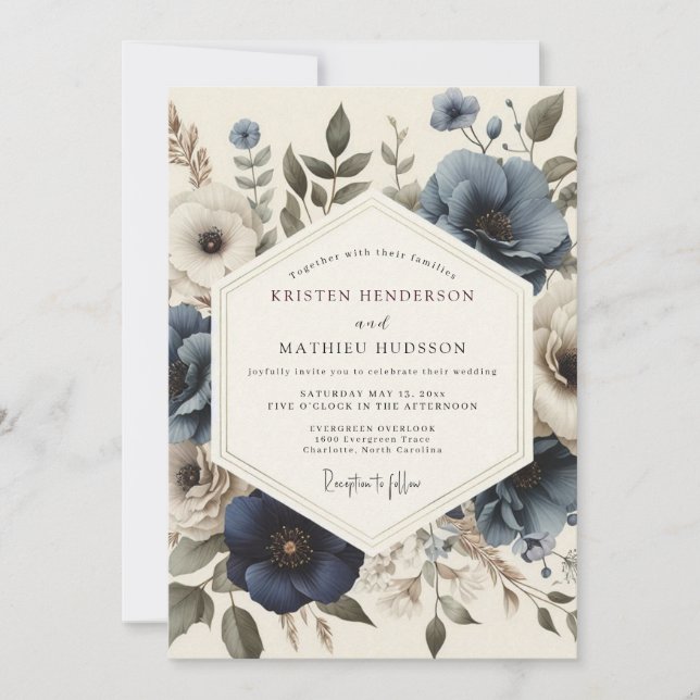 Schieferblaue Antike-Blooming-Hochzeit Einladung (Vorderseite)