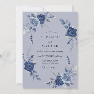 Schieferblaue Aquarell-Botanical-Hochzeit Einladung