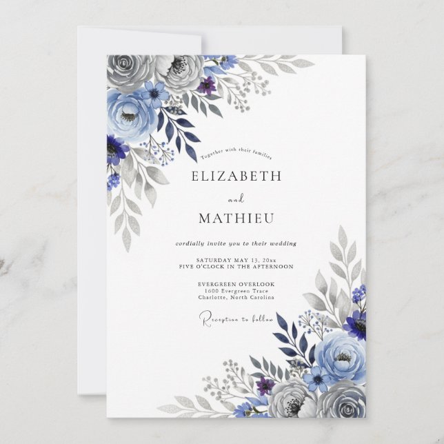 Schieferblaue auffallende botanische Hochzeit Einladung (Vorderseite)