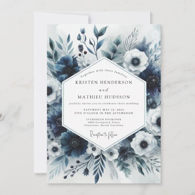 Schieferblaue Blütenhochzeit Einladung (Vorderseite)