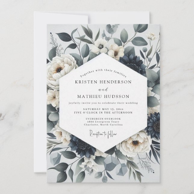 Schieferblaue botanische ätherische Hochzeit Einladung (Vorderseite)