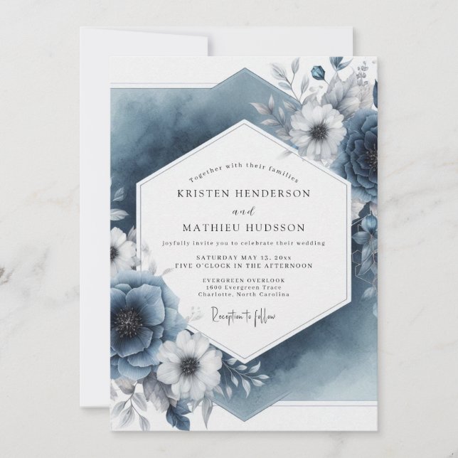 Schieferblaue botanische elegante Hochzeit Einladung (Vorderseite)