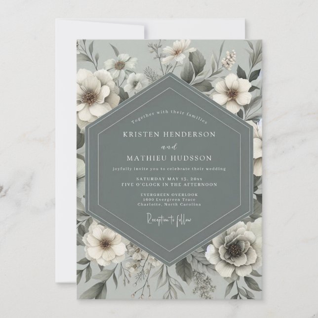 Schieferblaue botanische romantische Hochzeit Einladung (Vorderseite)