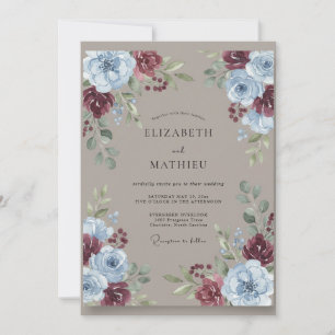 Schieferblaue Burgunder-Wasserfarben-Hochzeit Einladung