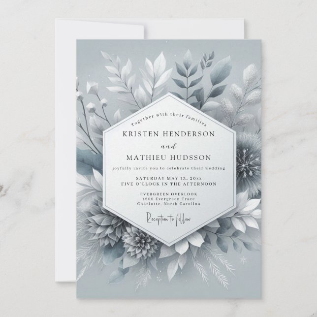 Schieferblaue Eisige Botanische Hochzeit Einladung (Vorderseite)