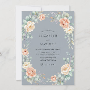 Schieferblaue elegante Rosenhochzeit Einladung