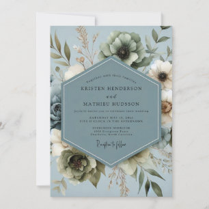 Schieferblaue gedämpfte florale Hochzeit Einladung