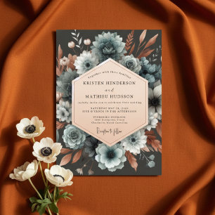 Schieferblaue Herbstblüten-Hochzeit Einladung