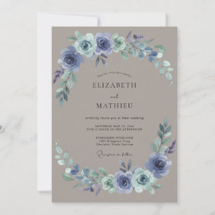 Schieferblaue Immergrün-Kranz-Hochzeit Einladung
