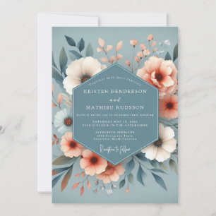Schieferblaue Pfirsichflora-Hochzeit Einladung