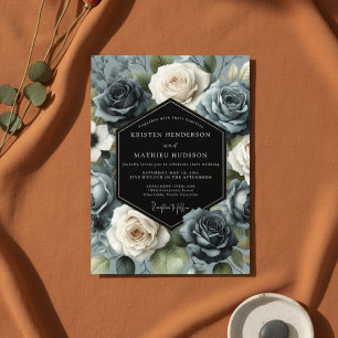 Schieferblaue Rosenblüten-Hochzeit Einladung