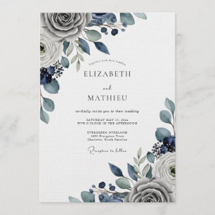 Schieferblaue stimmungsvolle Floral-Hochzeit Einladung