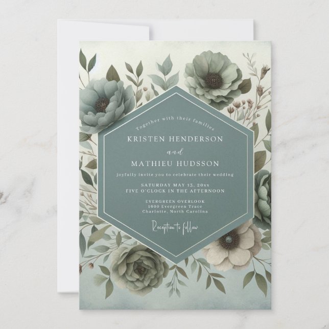 Schieferfarbene Botanische Hochzeit Einladung (Vorderseite)