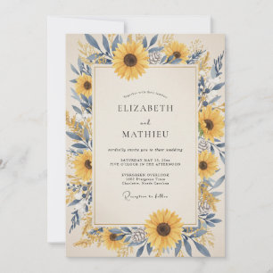 Schiefergelbe Sonnenblumen-Eukalyptus-Hochzeit Einladung