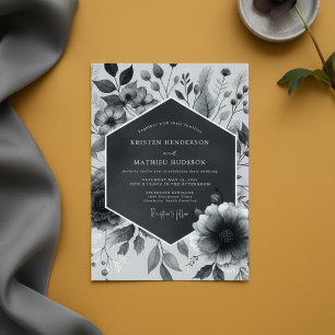 Schiefergraue botanische Blütenhochzeit Einladung