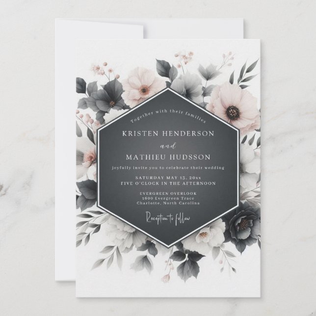 Schiefergraue florale Eleganz Hochzeit Einladung (Vorderseite)