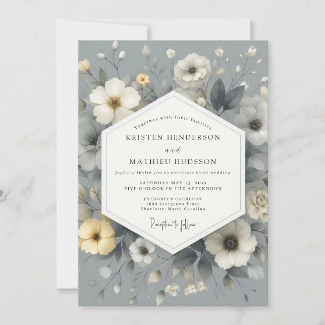 Schiefergraue Florale Hochzeit Einladung (Vorderseite)
