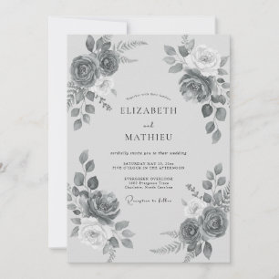 Schiefergraue Romantische Florale Hochzeit Einladung