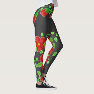 Schiefergraue und rote Blütenkunst Leggings
