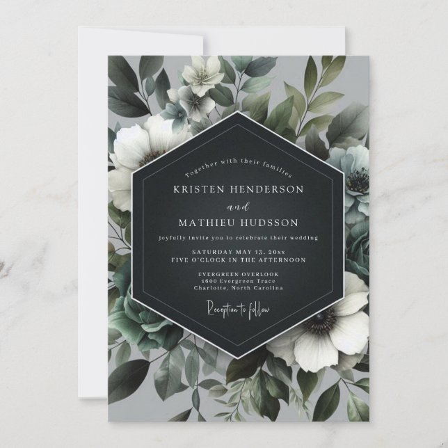 Schiefergrüne florale Hochzeit Einladung (Vorderseite)